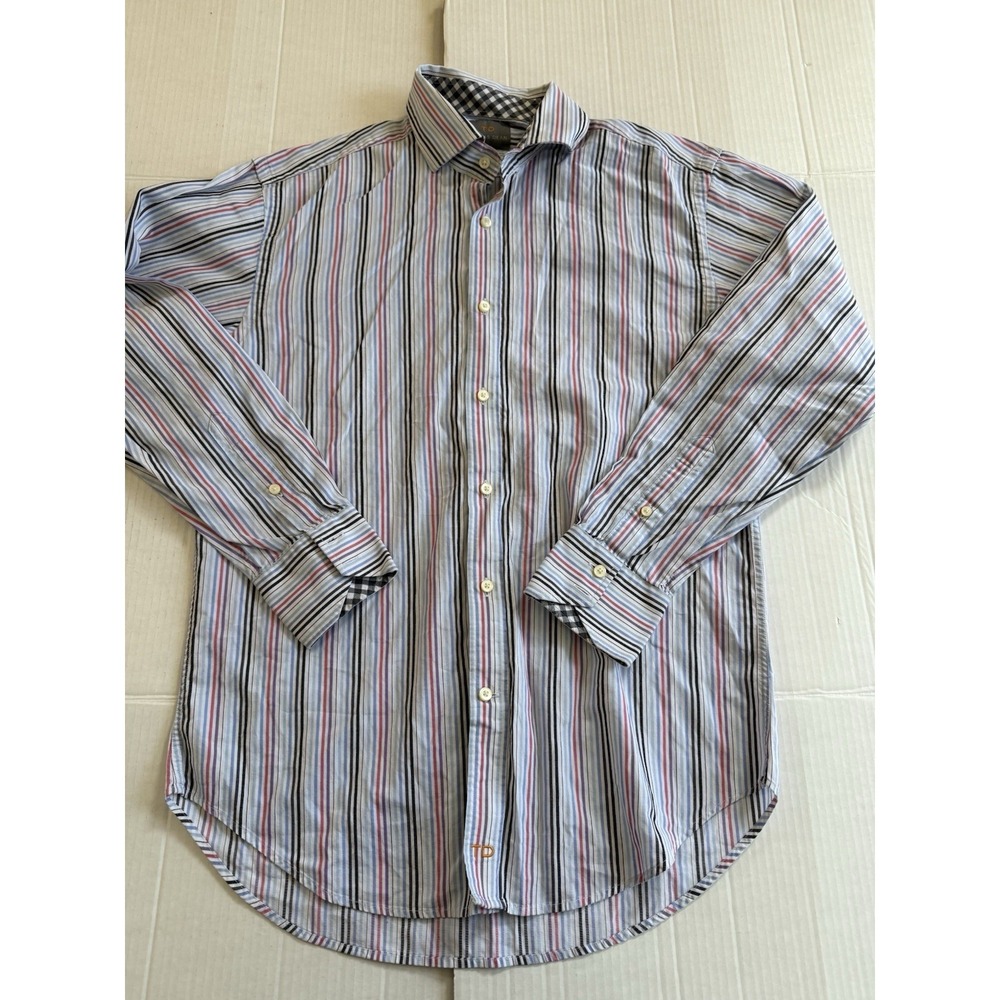 Thomas Dean Men's 100% cotton striped long sleeve casual shirt small EUC
